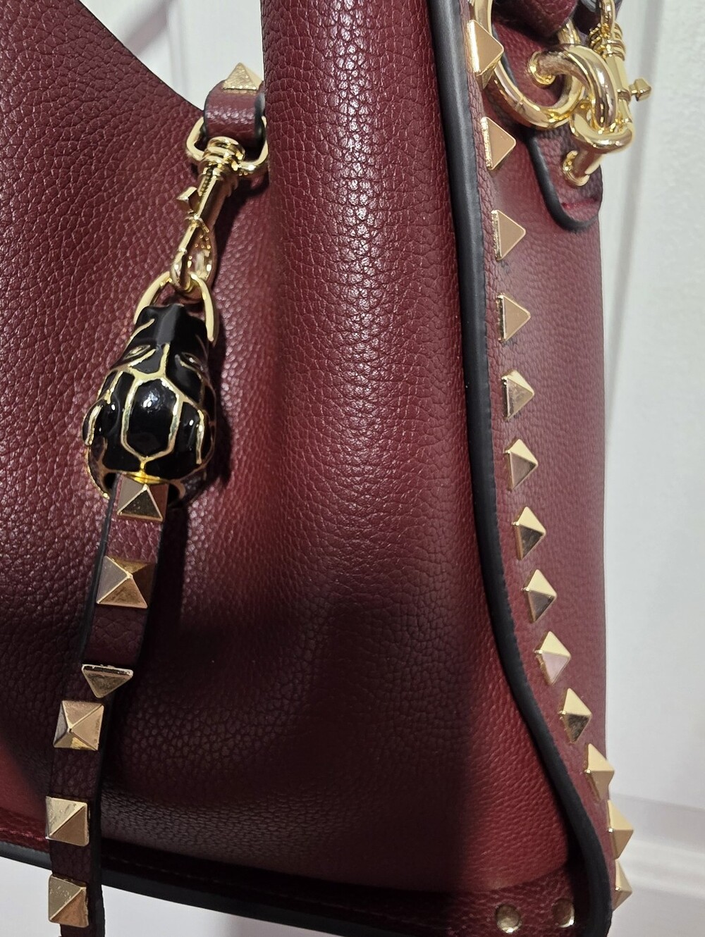 Studded Burgundy Leather Bucket Bag - Picture 16 of 16
